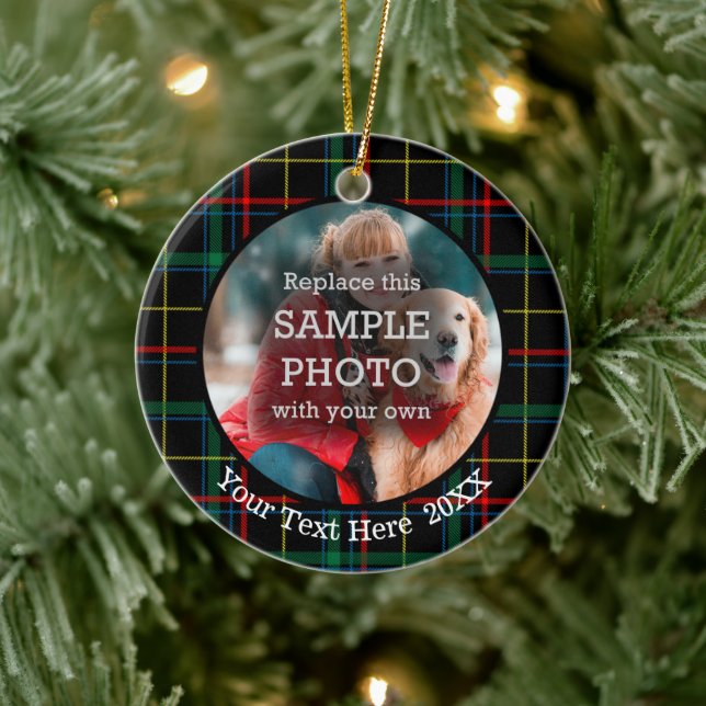 Christmas Plaid, Two Photo, Two Sided Ceramic Ornament (Tree)
