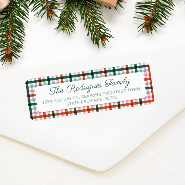 Christmas Plaid vert rose et rouge Adresse de reto (Christmas plaid pattern, pink red and green address label)