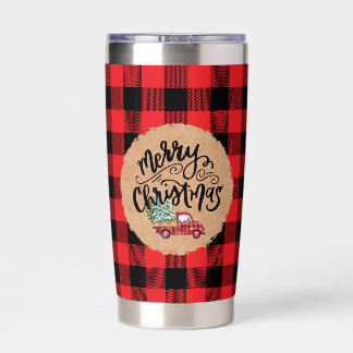 Christmas Plaid Vintage Truck Script Water Bottle Insulated Tumbler