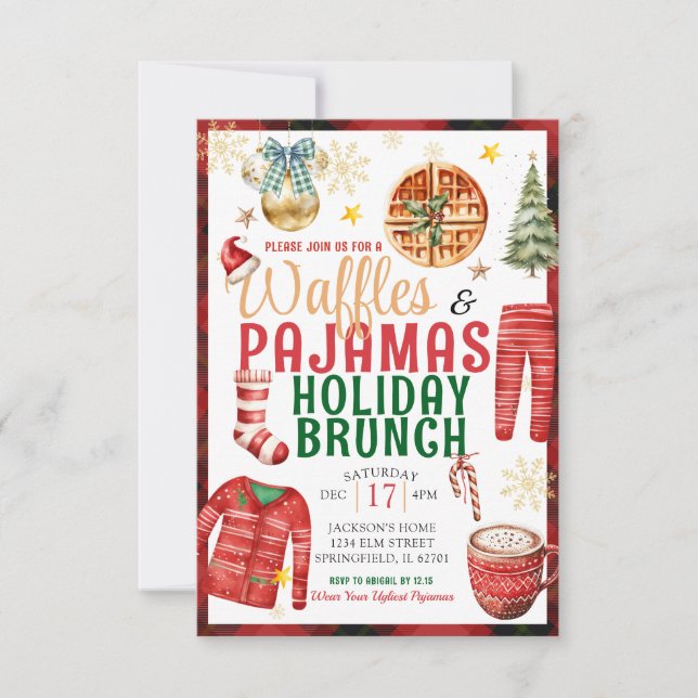 Christmas Plaid Waffle and Pyjamas Holiday Brunch Invitation (Front)