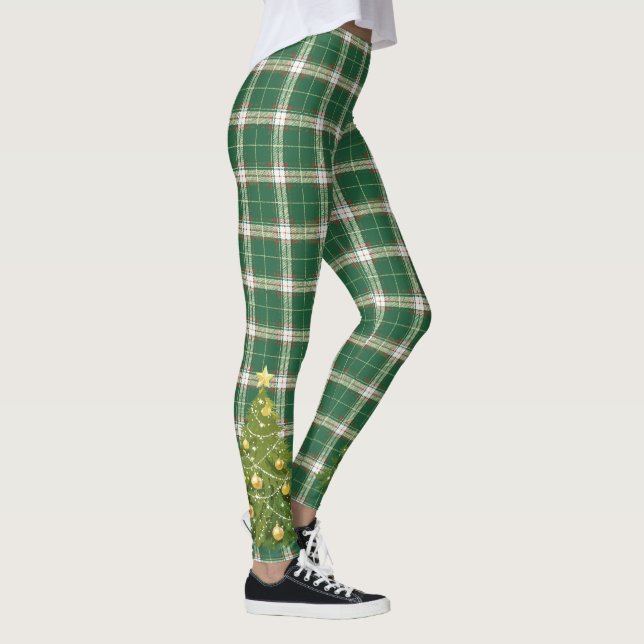Christmas Plaid White, Green with Tree Leggings (Right)