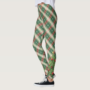 Christmas Plaid White, Green with Tree Leggings