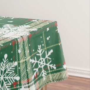 Christmas Plaid White, Green with White Snowflakes Tablecloth