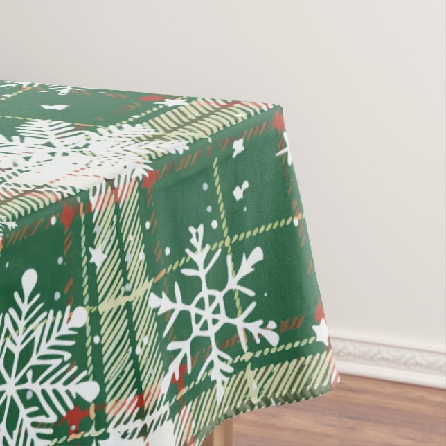 Christmas Plaid White, Green with White Snowflakes Tablecloth (In Situ)