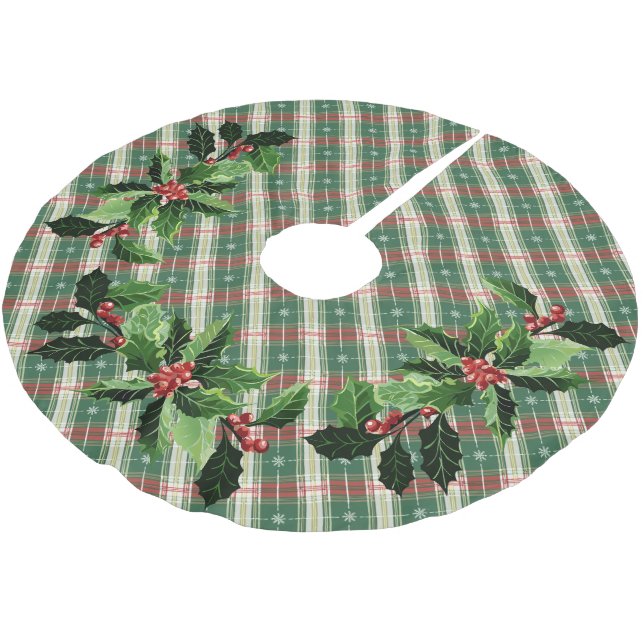 Christmas Plaid White with Green and Red Brushed Polyester Tree Skirt (Angled)