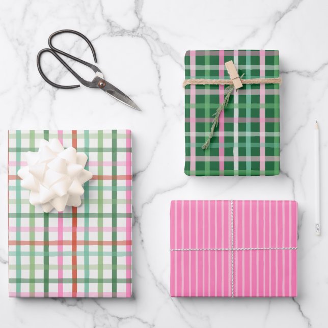 Christmas Plaids - Green & Pink White Wrapping Paper Sheet (Front)