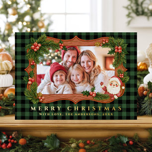 Christmas Plaids Wooden Family Frame Photo Green Foil Holiday Card