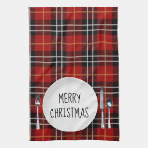 Christmas Plate On Tartan Plaid Kitchen Towel