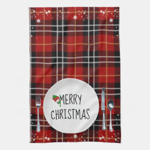 Christmas Plate On Tartan Plaid Kitchen Towel