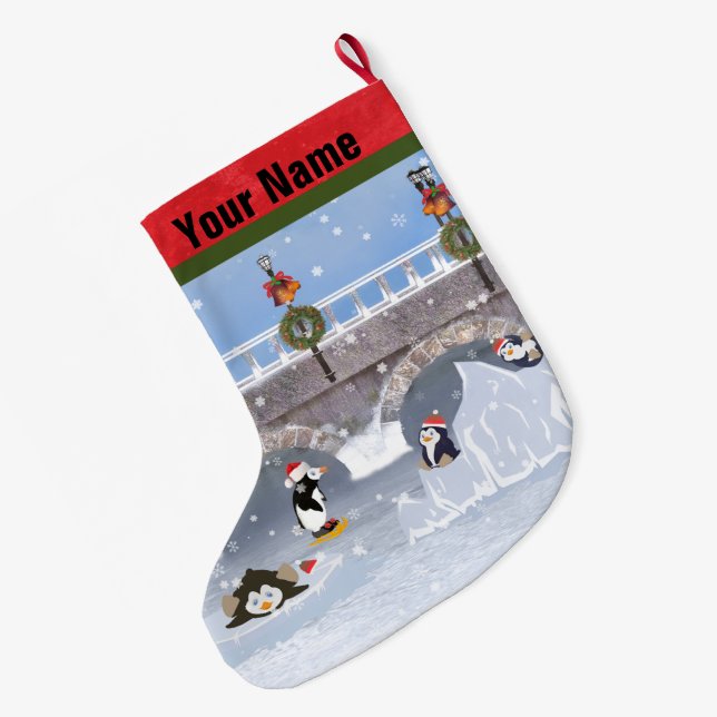 Christmas, Playful Penguins on Frozen Lake Large Christmas Stocking (Back (Hanging))