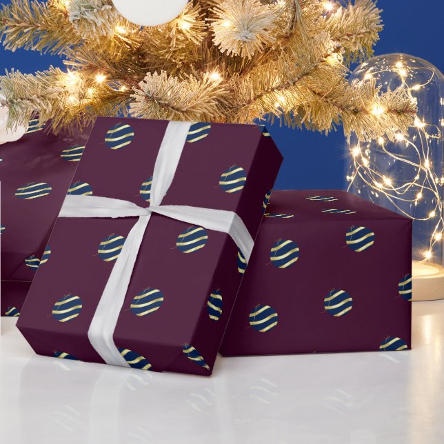 Christmas plum purple navy gold ornaments wrapping paper (Holidays)