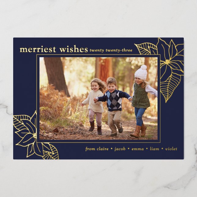 Christmas Poinsettia | 1 Photo Navy Blue and Gold Foil Holiday Card (Front)