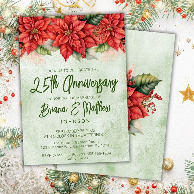 Christmas Poinsettia 25th Wedding Anniversary  Invitation (Creator Uploaded)