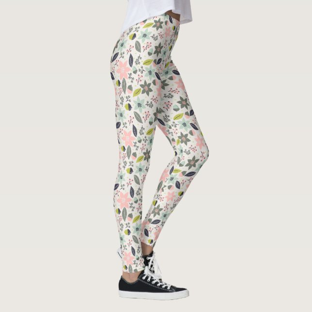 Christmas Poinsettia Acorns Grey Aqua Lime Green Leggings (Right)