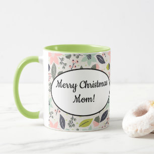 Christmas Poinsettia Acorns Grey Aqua Lime Green Mug