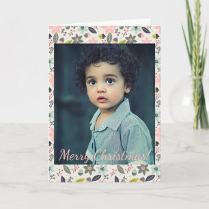 Christmas Poinsettia Acorns Grey Aqua Lime Photo Note Card
