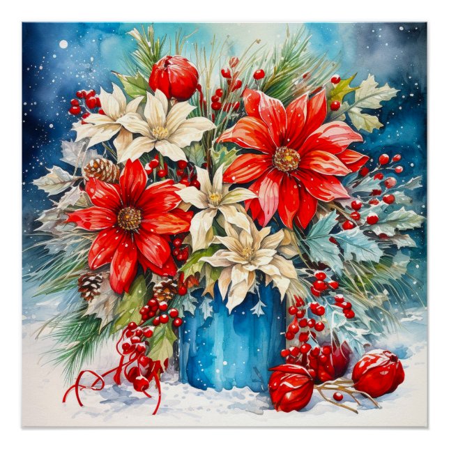 Christmas Poinsettia and Berries Bouquet Poster (Front)