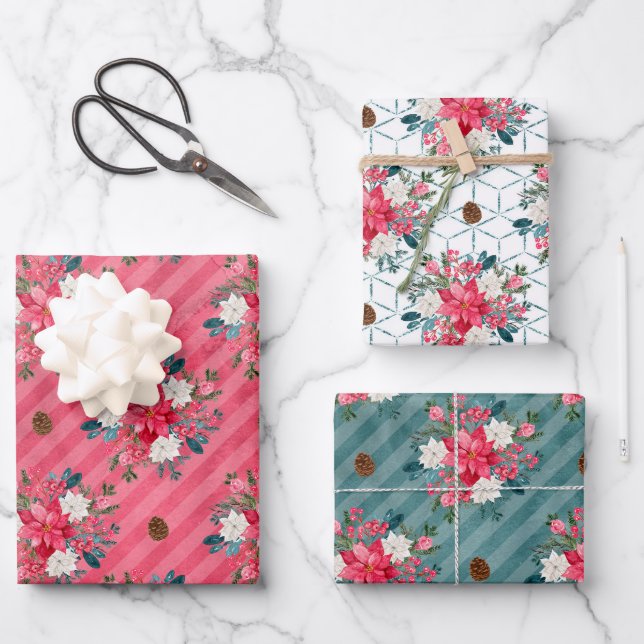 Christmas Poinsettia and Cardinal Red Wrapping Pap Wrapping Paper Sheet (Front)