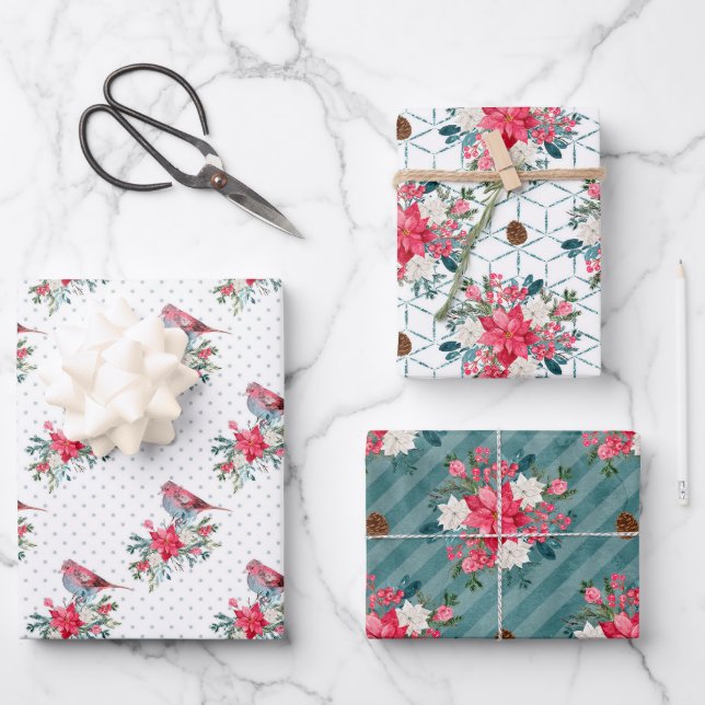 Christmas Poinsettia and Cardinal Red Wrapping Paper Sheet (Front)