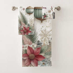 Christmas Poinsettia and Gold Snowflake Bath Towel Set