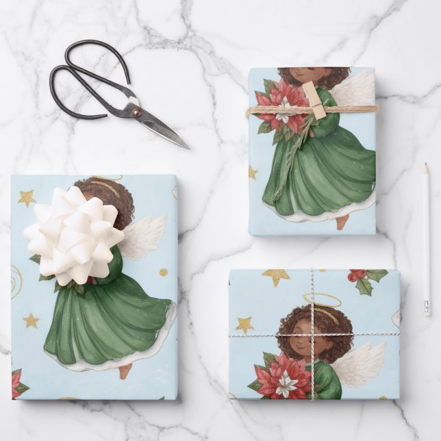 Christmas Poinsettia Angels  Wrapping Paper Sheets (Front)