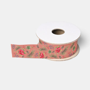 Christmas Poinsettia Berries and Branches Grosgrain Ribbon