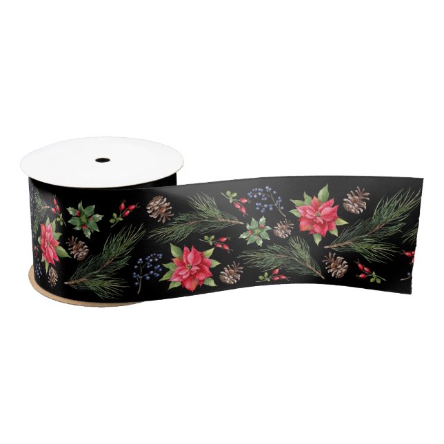 Christmas Poinsettia Berries and Branches Satin Ribbon (Spool)
