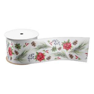 Christmas Poinsettia Berries and Branches Satin Ribbon