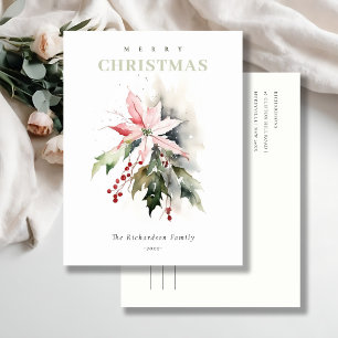 Christmas Poinsettia Berries Foliage Watercolor Holiday Postcard