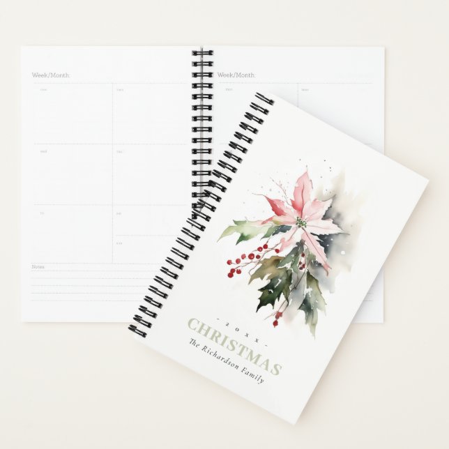 Christmas Poinsettia Berries Foliage Watercolor Planner (Display)