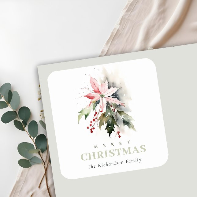 Christmas Poinsettia Berries Foliage Watercolor Square Sticker (Creator Uploaded)