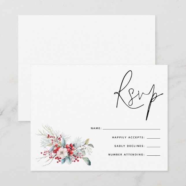 Christmas Poinsettia Berries Script Wedding RSVP Card (Front/Back)