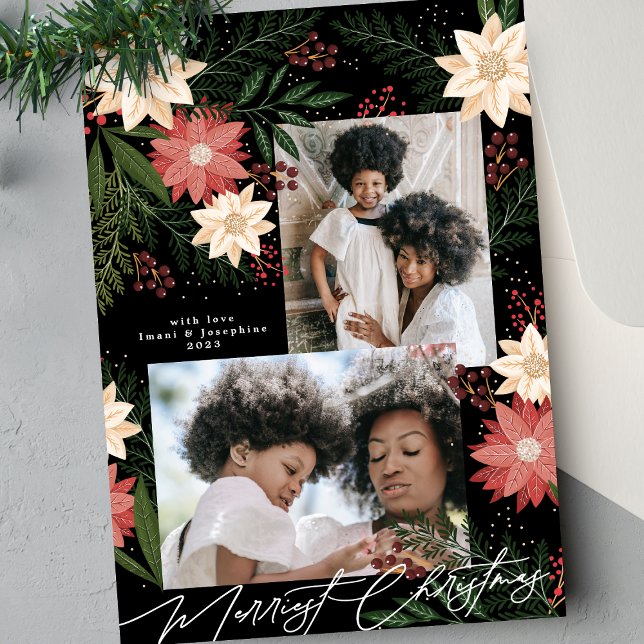 Christmas Poinsettia Black White Photo Collage Holiday Card (Creator Uploaded)