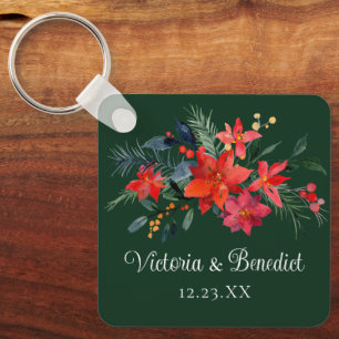 Christmas Poinsettia Elegant Floral Green Wedding Keychain