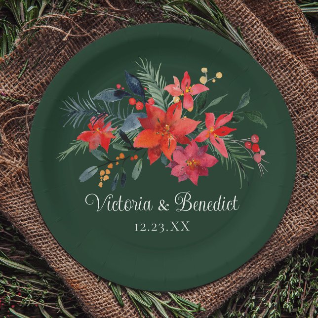 Christmas Poinsettia Elegant Floral Green Wedding  Paper Plate (Creator Uploaded)