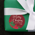 Christmas Poinsettia Elegant Red Custom Gift Classic Round Sticker<br><div class="desc">This beautiful poinsettia flower gift sticker features elegant white calligraphy that reads Merry Christmas across the festive red background. Customize these chic labels above the floral drawing to send to friends and family</div>