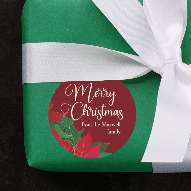 Christmas Poinsettia Elegant Red Custom Gift Classic Round Sticker (Creator Uploaded)