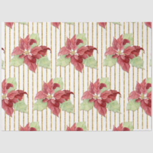 Christmas Poinsettia Floral Gold Glitter Stripe  Tissue Paper