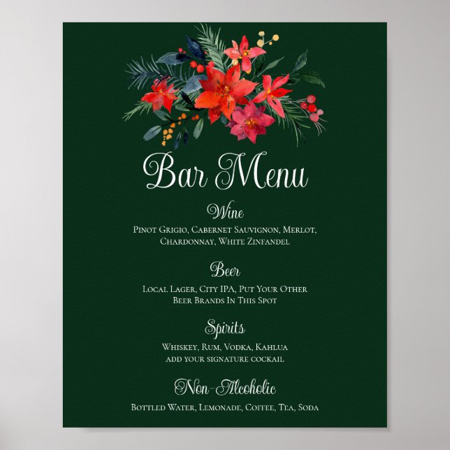 Christmas Poinsettia Floral Green Wedding Bar Menu Poster (Front)