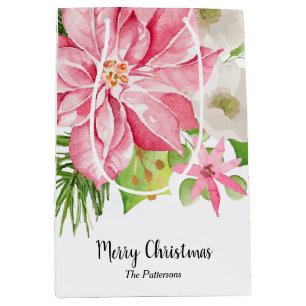 Christmas Poinsettia Floral Holiday Medium Gift Bag