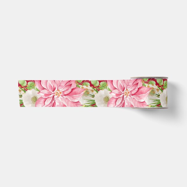 Christmas Poinsettia Floral Holiday Satin Ribbon (Front)