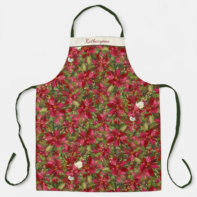 Christmas Poinsettia Floral Pattern Personalized Apron (Front)