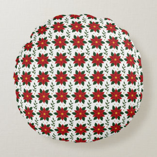 Christmas Poinsettia Floral Pattern | Red Green Round Pillow