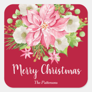 Christmas Poinsettia Floral Red Holiday Square Sticker