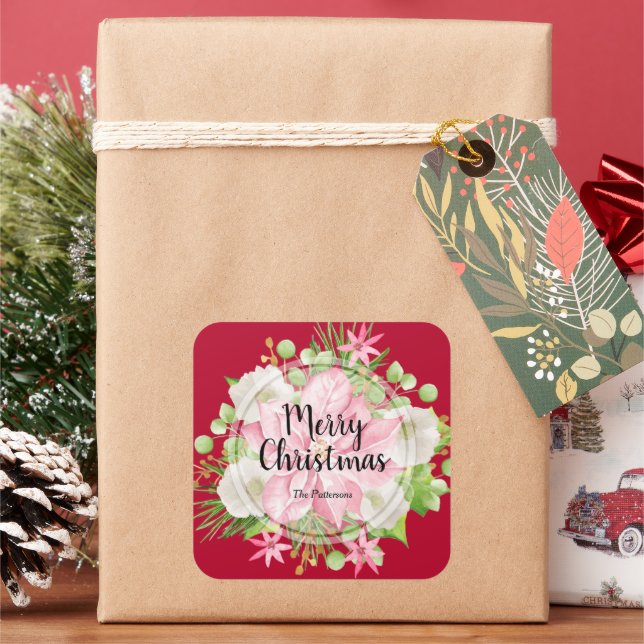 Christmas Poinsettia Floral Red Holiday Square Sticker (Holiday)