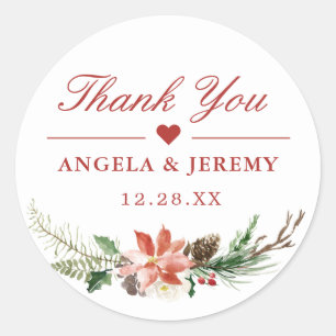 Christmas Poinsettia Floral Thank You Favour Classic Round Sticker