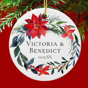 Christmas Poinsettia Floral Wedding Couple Photo Ceramic Ornament