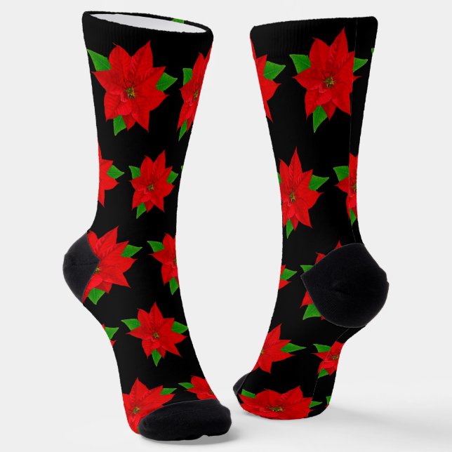 Christmas Poinsettia Flowers on Black Socks (Angled)
