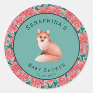 Christmas Poinsettia Fox Baby Shower Classic Round Sticker