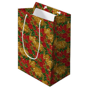 Christmas Poinsettia-GIFT BAG, Gold-M Medium Gift Bag